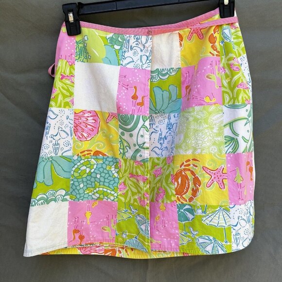 VTG Lilly Pulitzer Reversible Skirt Yellow Pink Shells Patchwork Wrap Preppy - Picture 4 of 9